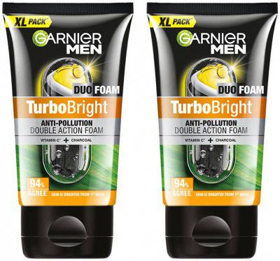 Garnier Men Turbo Bright Double Action,Anti Pollution with Charcoal and Vitamin C Face Wash (300 g)