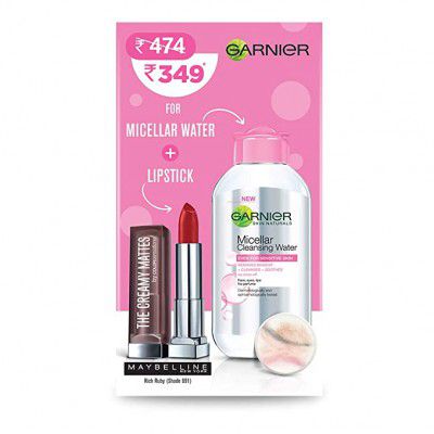 Garnier Micellar Pink, 125 ml with Maybelline Creamy Matte Lipstick Rich Ruby, 3.9 g