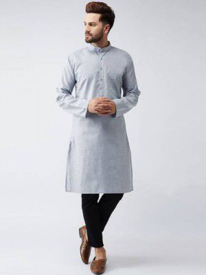 GauriLaxmi Enterprise Men Solid Cotton Blend Straight Kurta (Grey)