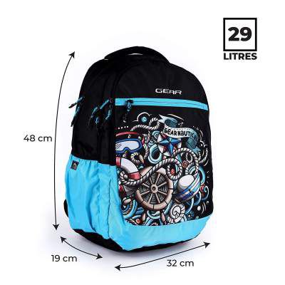 Gear Graffitti with Raincover Backpack 29 Ltrs Black-Blue School Backpack (BKPGRFTRC0105)