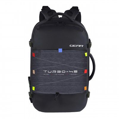 Gear Turbo 45L Large Expandable Water Resistant Antitheft Laptop Bag With Raincover & Trolley Sleeve (Black-White)