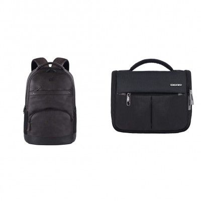 Gear Vintage2 Anti Theft Faux Leather 28 Ltrs Brown Laptop Backpack (LBPVG2LTH0201) & GEAR Black Toiletry Bag (ACCTLTPCH0112)