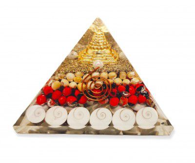 GEMTUB Natural Orgone Gomti Chakra Shree Yantra Pyramid with with Red & White Chirmi Seeds for Wealth, Prosperity, Success (Shri Yantra Gomti Chakra Pyramid)