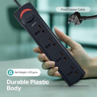 Geonix PowerSpan S4 | Extension Board with 4 Universal Sockets, 1500 Watts, 6 Amp Multi Plug for Office & Home Appliances (Black)