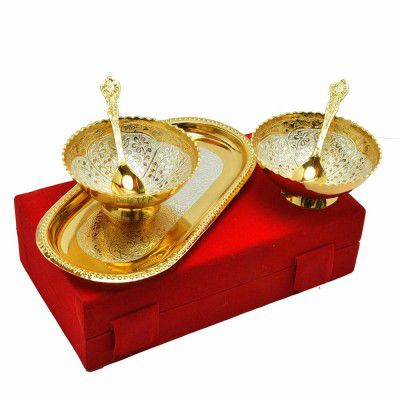 German Silver Brass Floral Two Bowl with Two Spoon
