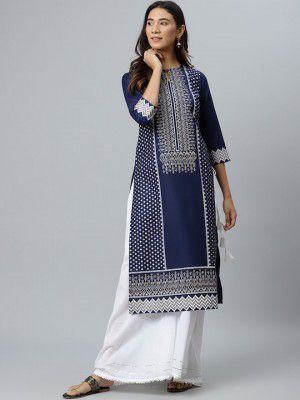 GERUA Women Blue & White Geometric Printed Straight Kurta