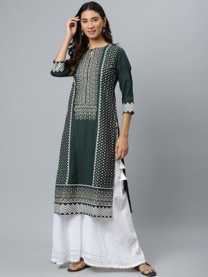 GERUA Women Green Geometric Printed Keyhole Neck Kurta