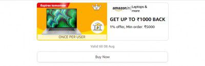 Get 1% Cashback up to ₹1000 on minimum order ₹5000 on Laptops and more.