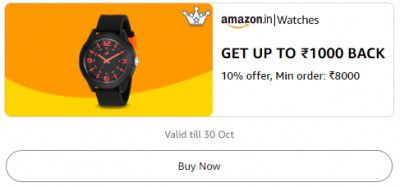 Get 10% up to ₹1000 Back Min order ₹8000 on Watches
