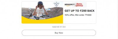 Get 10% up to ₹200 back on minimum orders above ₹1000 on Royal Enfield Shopping.
