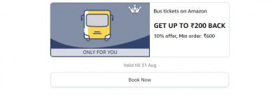 Get 10% up to ₹200 on minimum order value ₹600 on book a Bus ticket