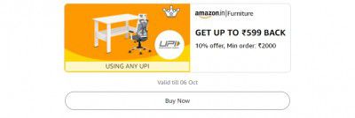 Get 10% up to ₹599 back on minimum orders above ₹2000 on Furniture Shopping.