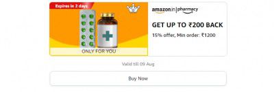 Get 15% back up to ₹200 on minimum order of ₹1200 on Amazon Pharmacy