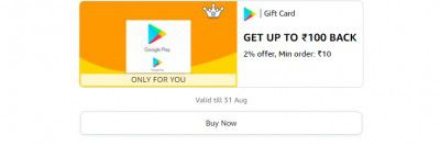 Get 2% back on minimum order ₹10 on Google Play Brand Gift Card