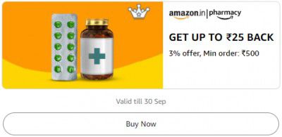 Get 3% up to ₹25 back on minimum orders above ₹500 on Prescription and OTC.