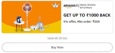 Get 5% Back up to ₹1000 on minimum orders above ₹500 on Home, Kitchen and Furniture