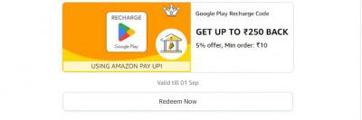 Get 5% back up to ₹250 back up to ₹250 on Google Play Recharge Code