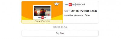 Get 5% back up to ₹2500 on minimum ₹500 on Make My Trip Brand Gift Card