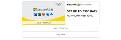 Get 7% off up to ₹500 back on Microsoft 365 Recharge