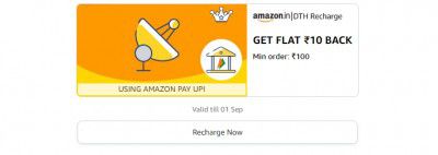 Get a flat ₹10 back on minimum order ₹100 on DTH Recharge payment