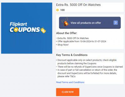 Flipkart : Get extra Rs.5000 in exchange of 100 supercoins.