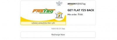 Get flat ₹25 back on minimum order ₹100 on FASTag