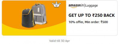 Get Flat ₹250 Back Min order: ₹500 On Luggage [ Upto -10%]