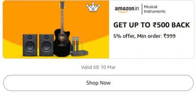 Get Flat ₹500 Back 5% offer, Min order: ₹999 On Musical Instruments