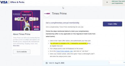 Get Free TimesPrime Membership with Visa Signature Credit/Debit Card Holders