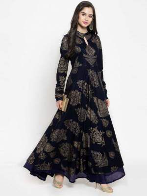 Get Glamr Women Printed Cotton Rayon Blend Anarkali Kurta (Dark Blue)