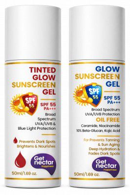 Get Nectar Happiness SPF 55 PA+++ Combo | Tinted Sunscreen + Glow Sunscreen Gel (Pack of 2, 50ml Each)