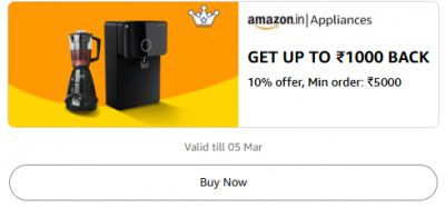 Get Upto ₹100 Back 10% offer, Min order: ₹5000 on Kitchen appliances