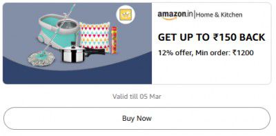 Get upto ₹150 Back 12% offer, Min order: ₹1200 On Shopping 