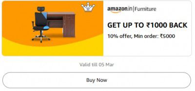 Get Upto Rs.1000 Back 10% offer, Min order: ₹5000 on Furniture 