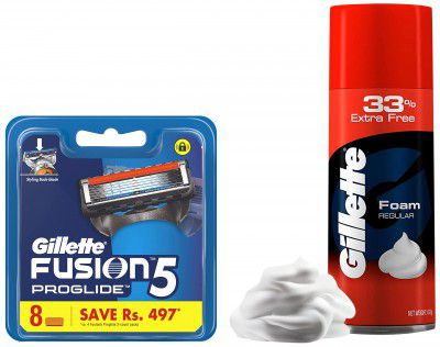 Gillette Flexball Fusion ProGlide Blades - 8 Cartridges & Gillette Classic Regular Pre Shave Foam, 418g with 33% Extra Free