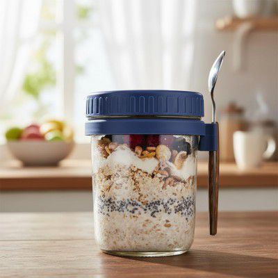 ginoya brothers 350 ml Overnight Oats Containers with lids and Spoon Mason Jars for Overnight