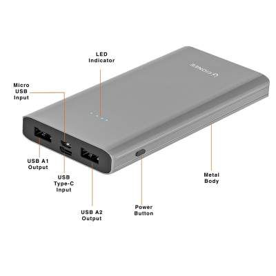 Gionee 10000mAh Li-Polymer Slim Design Power Bank with Power Indicators and 2 Output Ports (Fast Charging, 12W) PB10K2