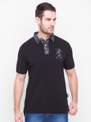 GIORDANO Men Black & Green Camouflage Printed Polo Collar Cotton Slim Fit T-shirt