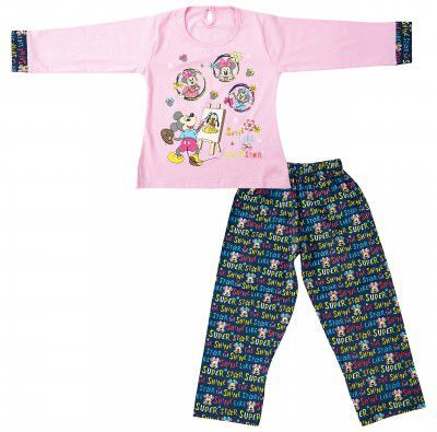 Girls Mickey Print Full Sleeves Night Suit with Bottom-Available in Pink & Green for 1 to 4 Year Old Infants and Girls by MYFA