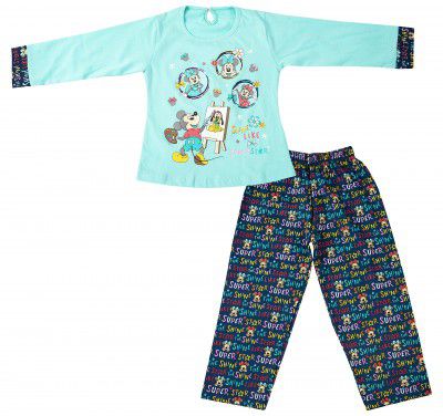 Girls Mickey Print Full Sleeves Night Suit with Bottom-Available in Pink & Green for 1 to 4 Year Old Infants and Girls by MYFA