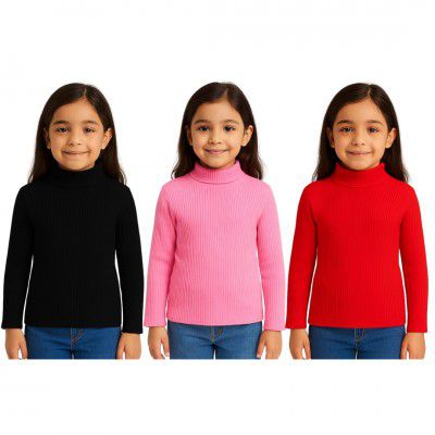 Girls Winter High Neck Sweater Pack of 3 – Full Sleeve Ribbed Pullover for Kids