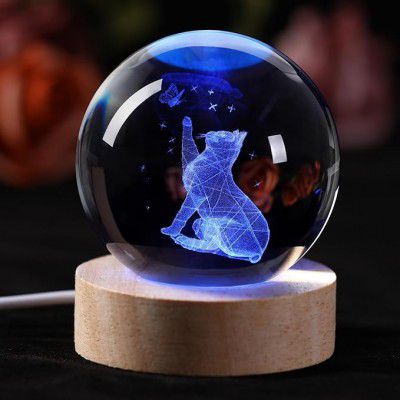 GITGRNTH 16 Color 3D Crystal Ball Lamp - Cat Night Light, USB Powered 3.15 Inch LED Wooden Base