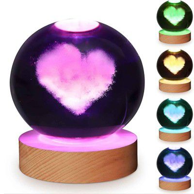 GITGRNTH 3D Crystal Ball Lamp with 16 Colors Changing LED Wooden Base (Heart Ball)