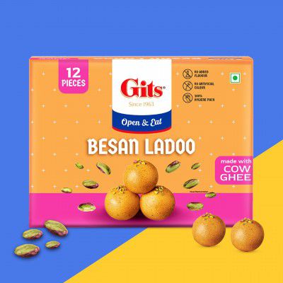 Gits Besan Ladoo X 1 Box 400 gm | Besan Ladoo Made with Pure Cow Ghee | Indian Mithai | No Added Colours |Traditional Sweets | Gift Pack