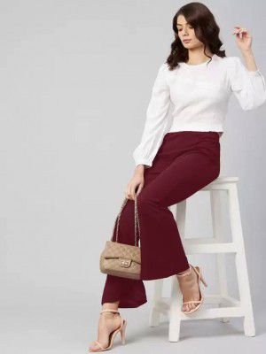 GLADLY  Women Flared Maroon Lycra Blend Trousers