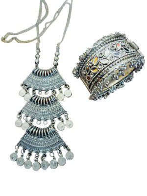 GlamoRama Oxidised Statement Necklace with Cuff Openable Bracelet for Women and Girls | Casualwear Beautiful Big Long Pendant Chain Neckpeice and Bangle