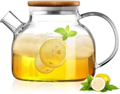 Glass Tea Pot Kettles Stovetop Safe, 1000ml Heatproof Borosilicate Glass Teapot Water Pitcher with Bamboo Lid and Removable Filter Spout for Loose Leaf and Blooming Tea 1 Pcs