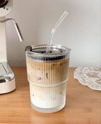 Coffee Cup Sipper Glass with Straw and lid Glass Tumbler (400 ml)