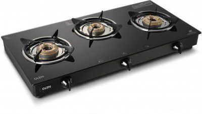 Glen LPG Rapid GT BLK ISI Gas stoves 3 Burner Glass Manual Gas Stove (3 Burners)
