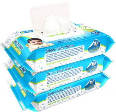 GLIDER Baby Wipes - with Moisture Lock Flip-Top , Contains Aloe Vera & Vitmain E , pH balanced with No Parabens & Chlorine - Pack of 3  (216 Wipes)